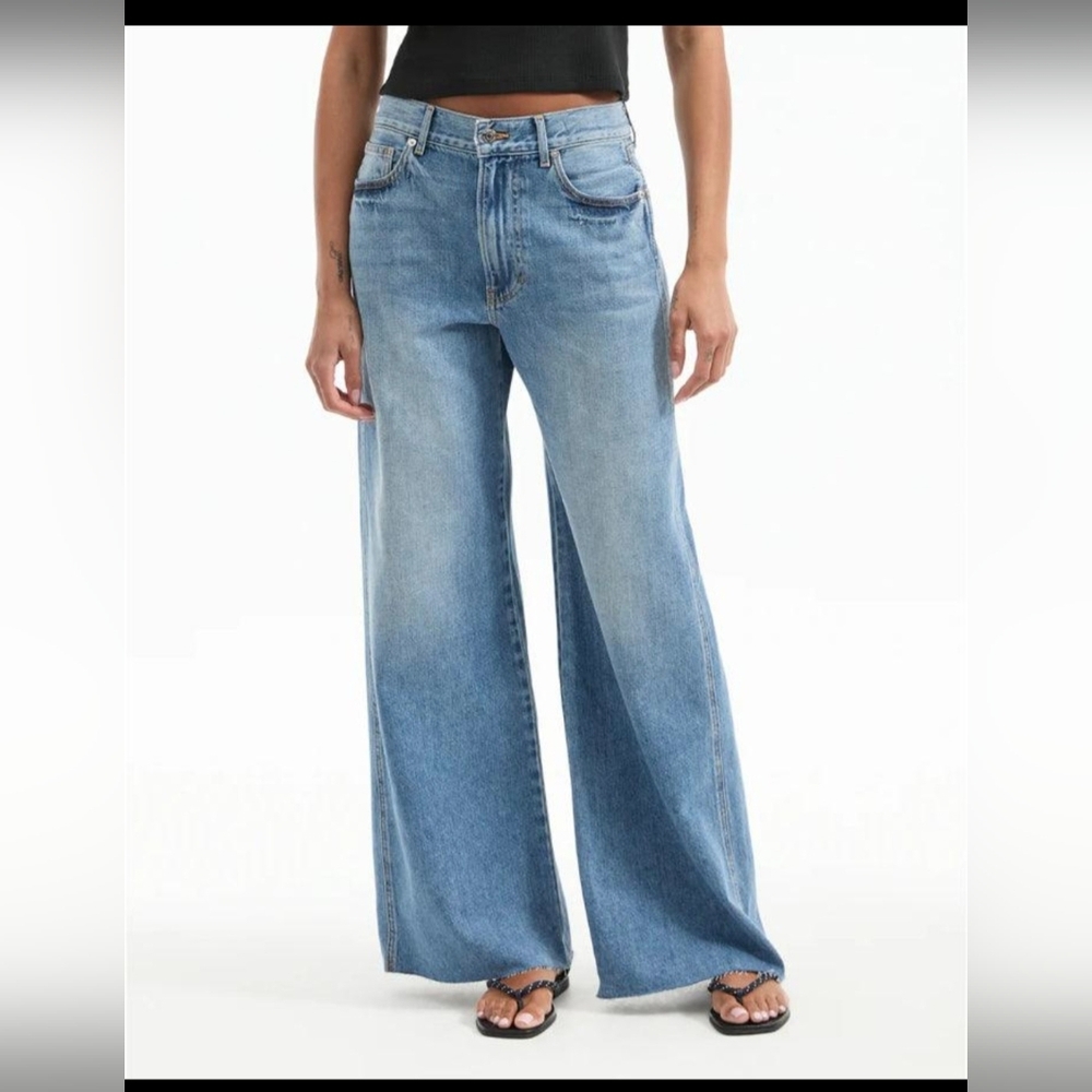 Veronica Beard Light Blue Wide Leg Jeans Mid Raise Raw Hem - Picture 2 of 10